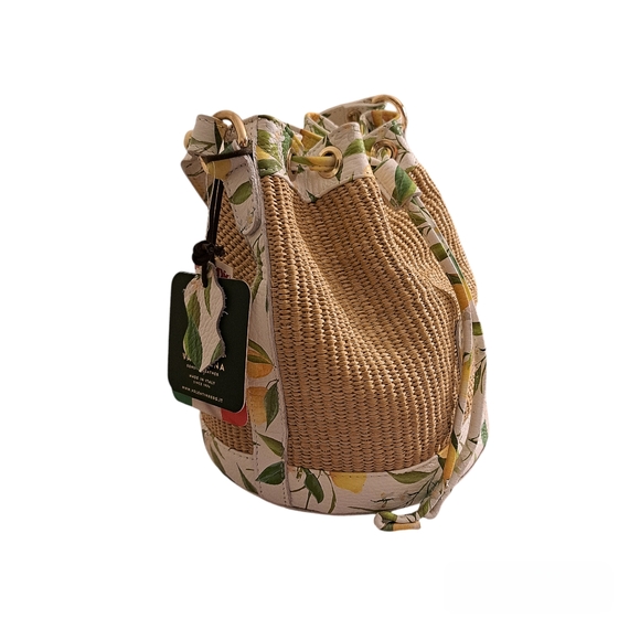 Valentina Leather & Raffia Lemon Design Crossbody Bucket Bag - Picture 3 of 8